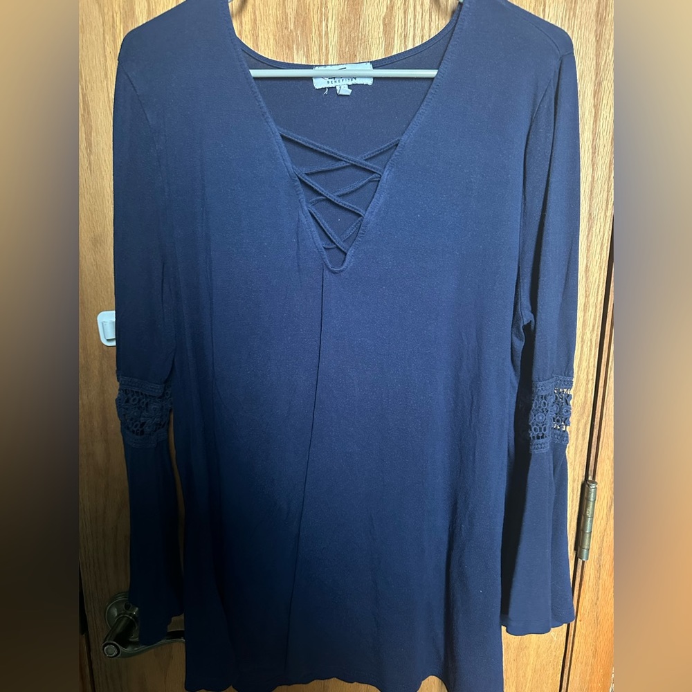 Navy soft flared sleeve top lace details